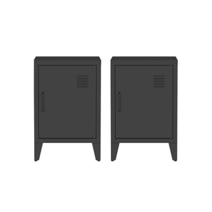Lot de 2 tables de chevet en acier 1 porte. Noire. casier. L 38 x P 38 x H 55.7 cm