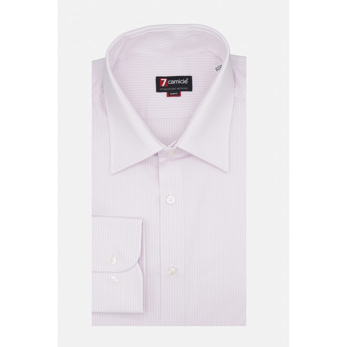 Camicia Uomo 1 Bottone Italiano Slim Popeline Riga Media Rosa/Bianco