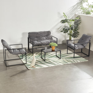 LANA Salon de jardin 4 places contemporain noir et coussins gris