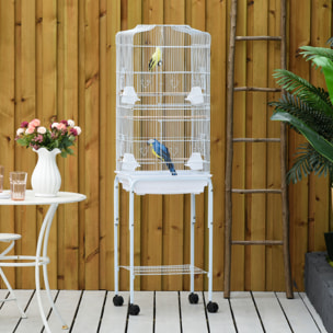 PawHut Cage à oiseaux sur pied volière oiseaux sur roulettes avec toit ouvrant 3 perchoirs étagère inférieure 46,5 x 36 x 157 cm