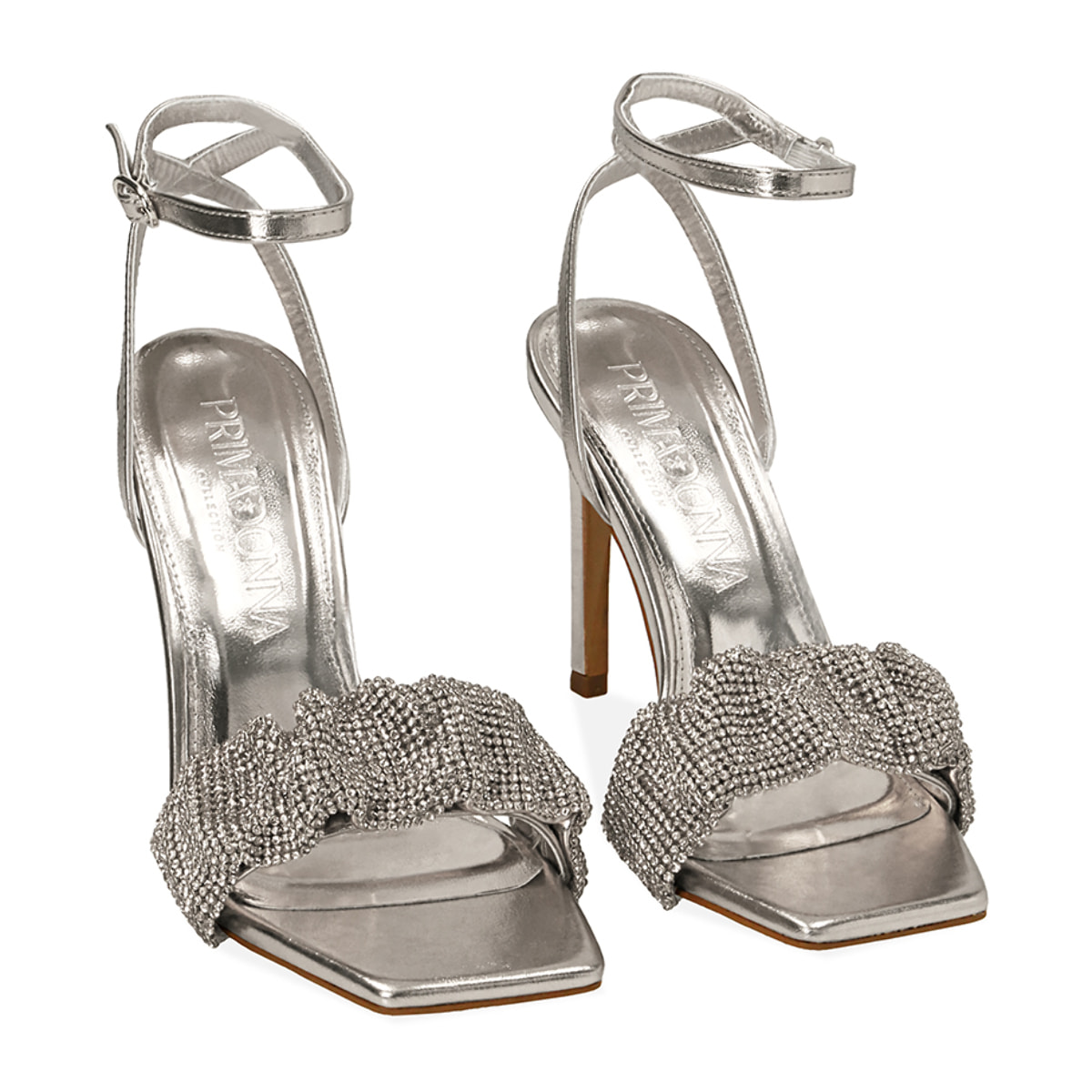 Sandalias plateadas con strass, tacón de 10,5 cm