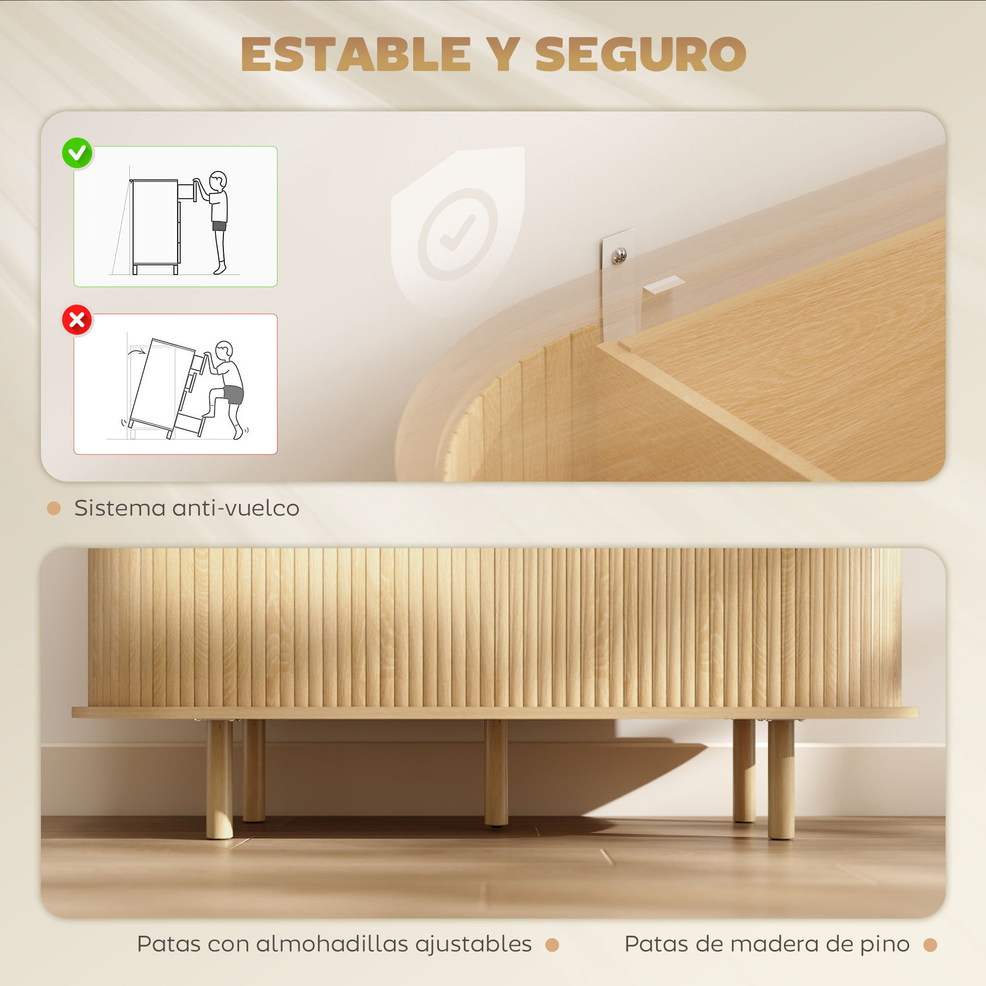 Aparador con Puertas Tambour Deslizantes, Aparador para Salón Moderno, con 4 Compartimentos y Patas de Madera, para Cocina, Entrada, Dormitorio, Roble, 120x40x78 cm