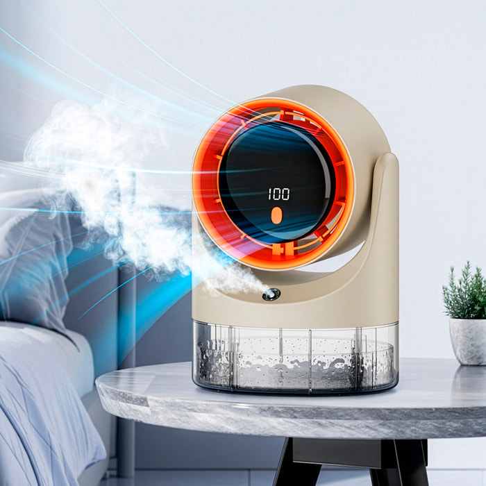 Ventilatore da scrivania F14. Con 5 livelli di velocità, funzione nebulizzatore e serbatoio d'acqua da 450 ml. Rotazione verticale di 180°.