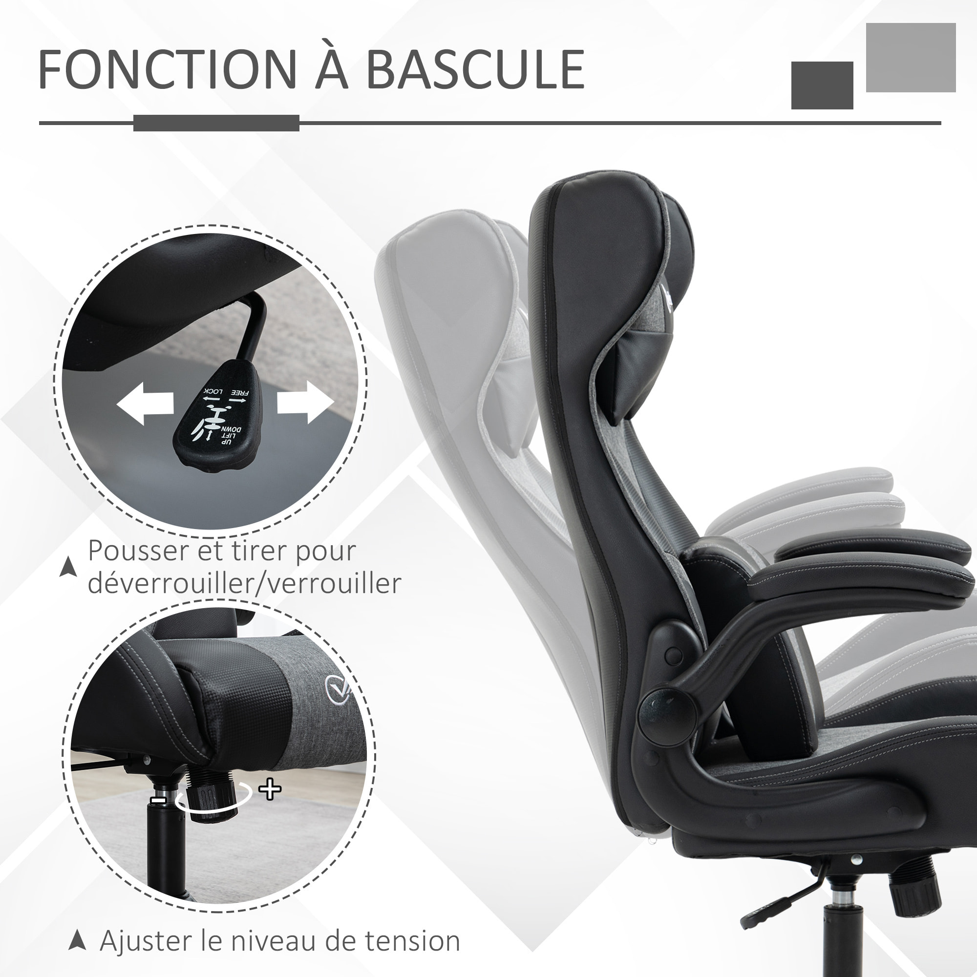 Fauteuil gaming base ronde métal pivotante 360° hauteur réglable tétière coussin lombaires accoudoirs relevables PU tissu gris noir