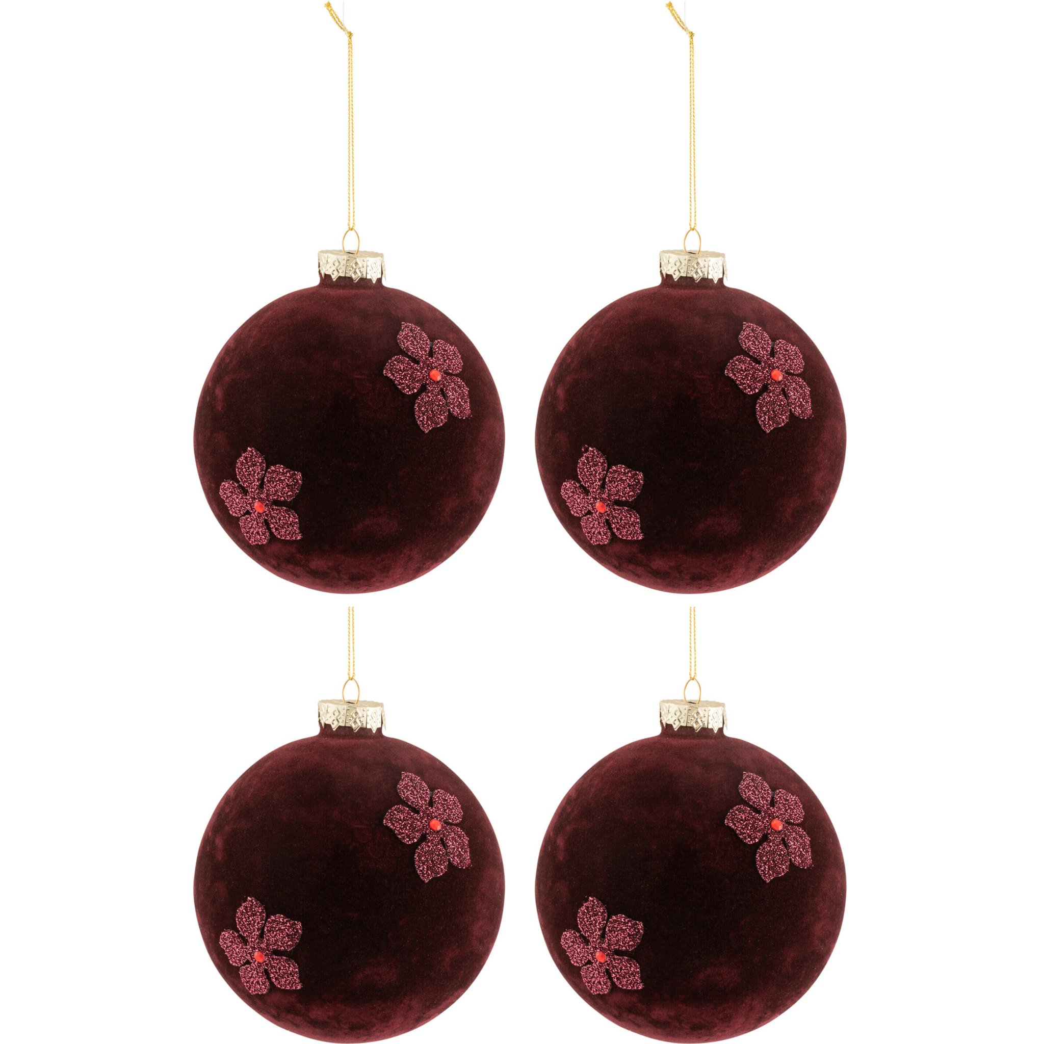 J-Line boule De Noël Fleurs - velours/verre - bordeaux - large - boîte de 4