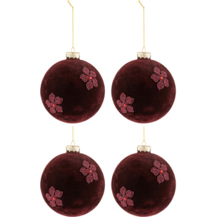 J-Line boule De Noël Fleurs - velours/verre - bordeaux - large - boîte de 4