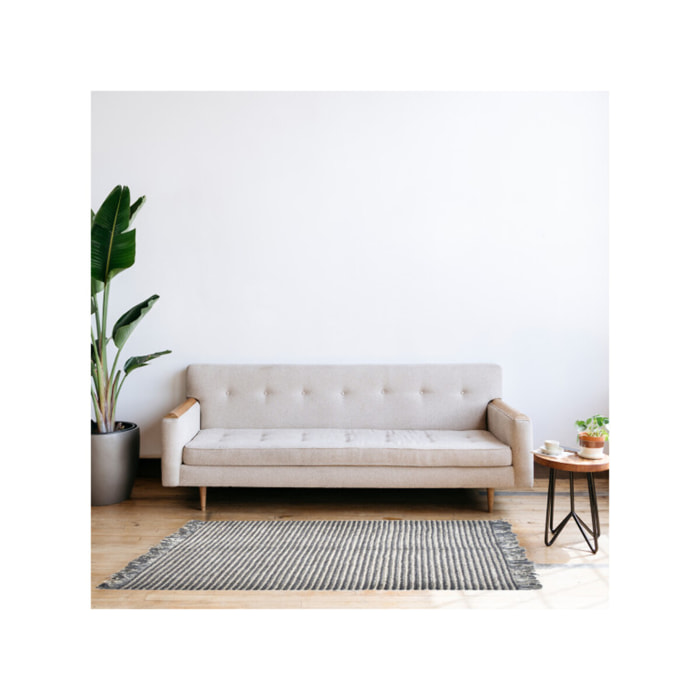 Tapis 140x200 cm en tissu texturé pompons avec franges bicolores - MARINE