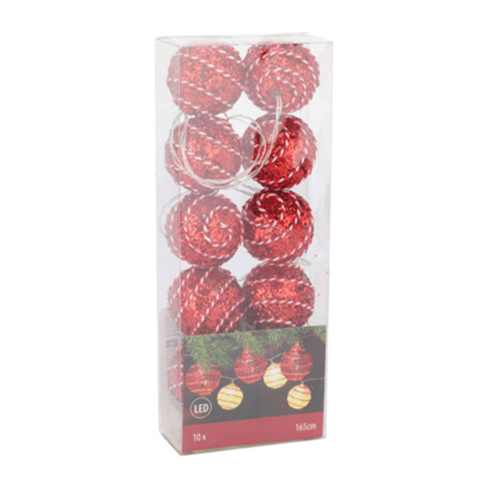 Guirnalda de 10 luces led navideña con bolas decorativas en rojo y blanco