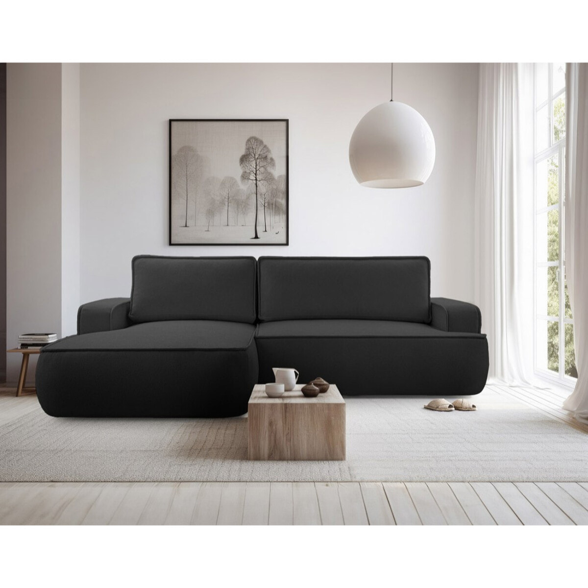 Nessino - canapé d'angle gauche 4 places - convertible avec coffre - en tissu texturé - Noir