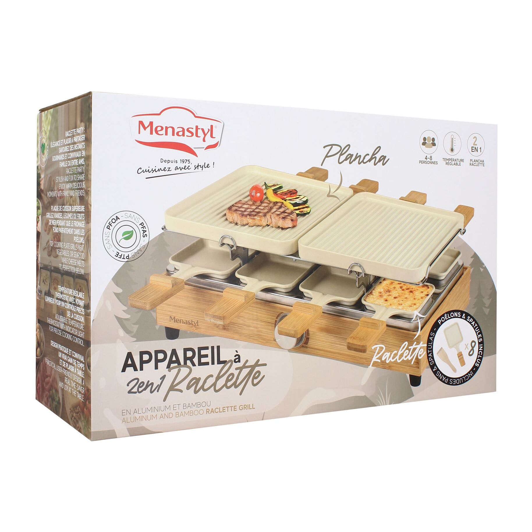 Appareil à raclette 8 personnes en aluminium crème et bambou