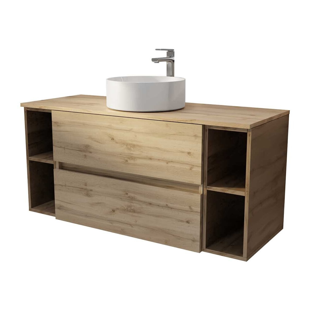 Meuble de salle de bains 120 cm TIMBER - Décor Chêne, 2 tiroirs, Vasque blanche à poser