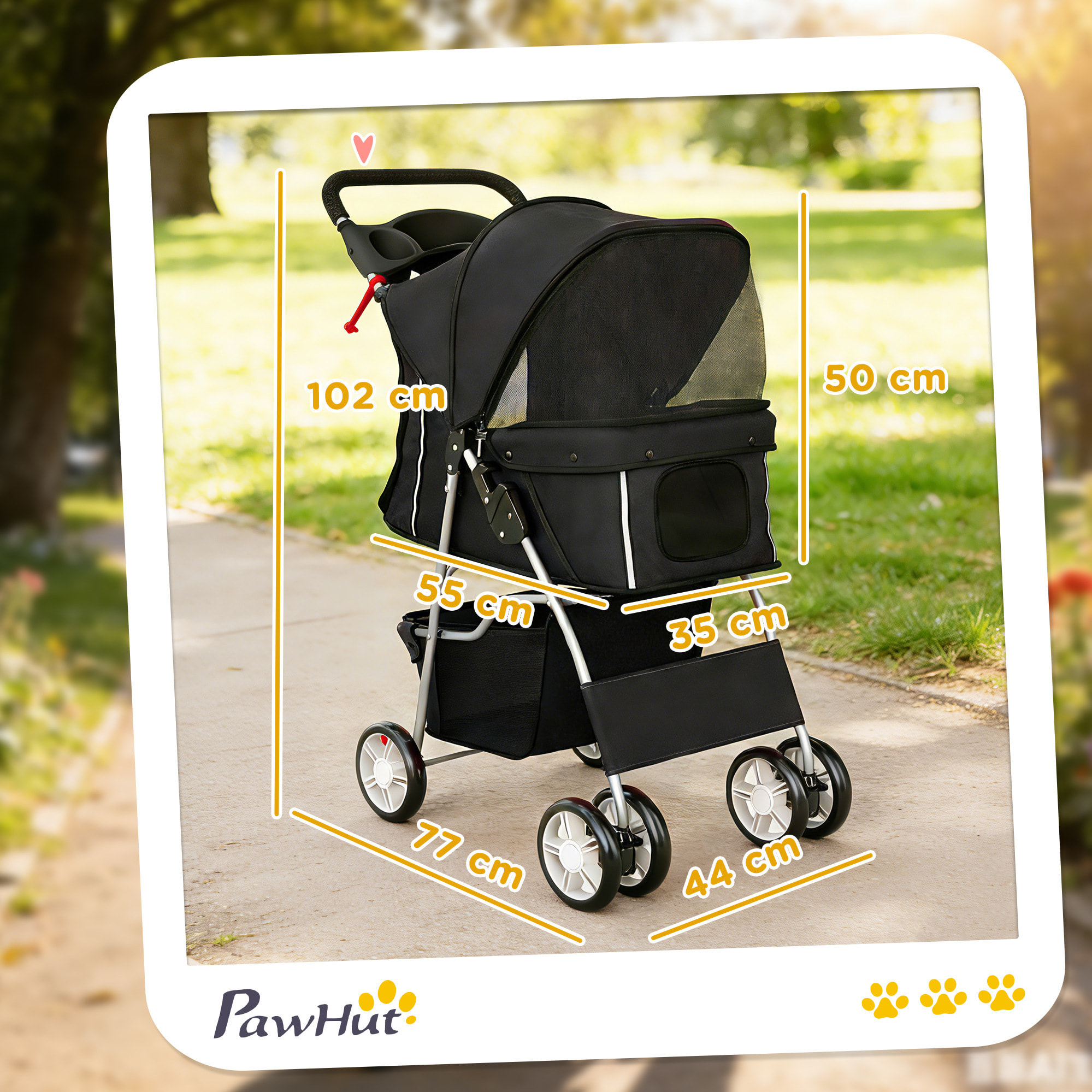 Carrito para Perros Plegable, Cochecito para Perros Pequeños con Cesta de Almacenaje, Ventanas de Malla, Portavasos, Ruedas y Cojín Lavable, Carga 10 kg, 77x44x102 cm, Negro
