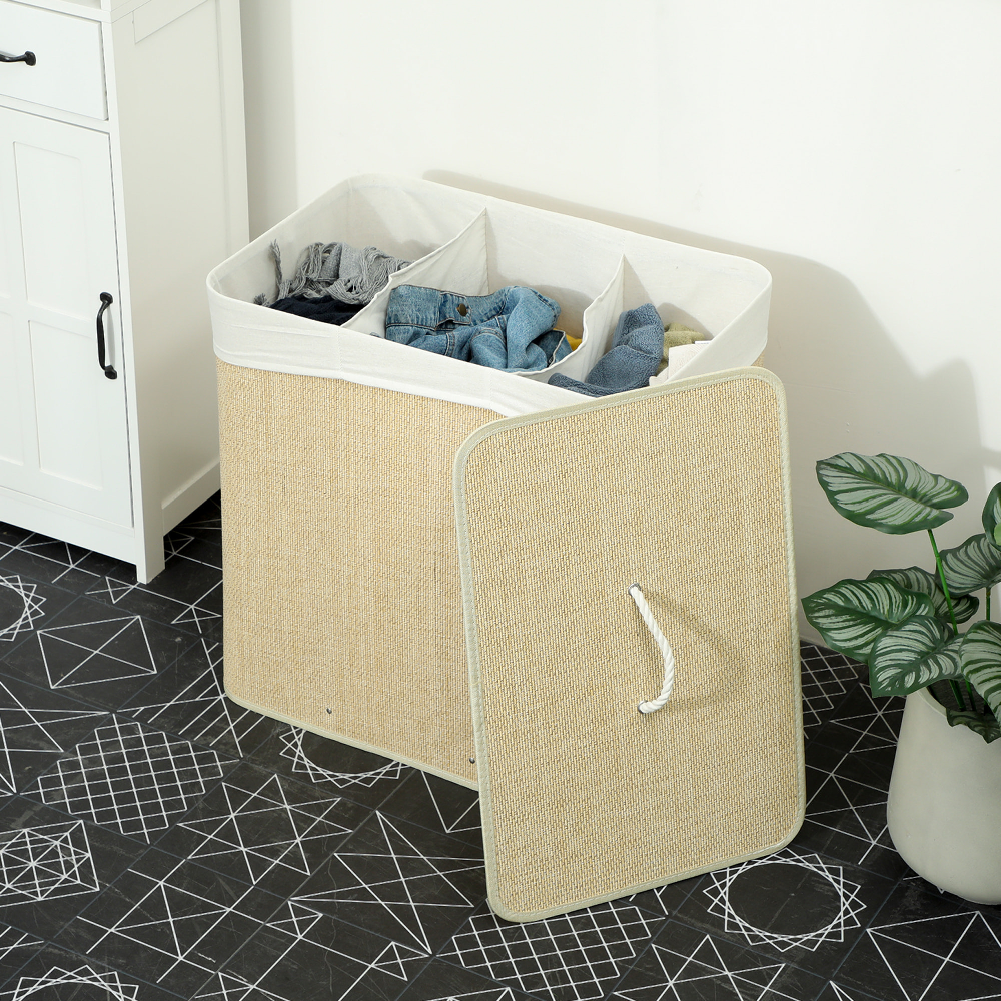 Panier à linge double 144L - corbeille à linge avec couvercle et poignées - tissage bambou écru
