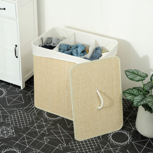 Panier à linge double 144L - corbeille à linge avec couvercle et poignées - tissage bambou écru