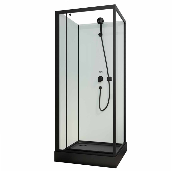 Cabine de douche carrée 80x80x200cm - Porte pivotante - Fonds Blancs - Receveur et Profilés Noirs