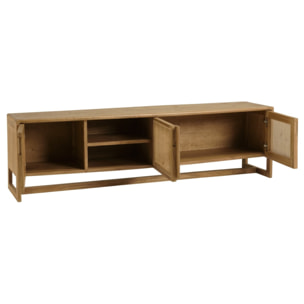 AMY - Meuble TV 3 portes 2 niches L180cm en bois de mindi et rotin naturel