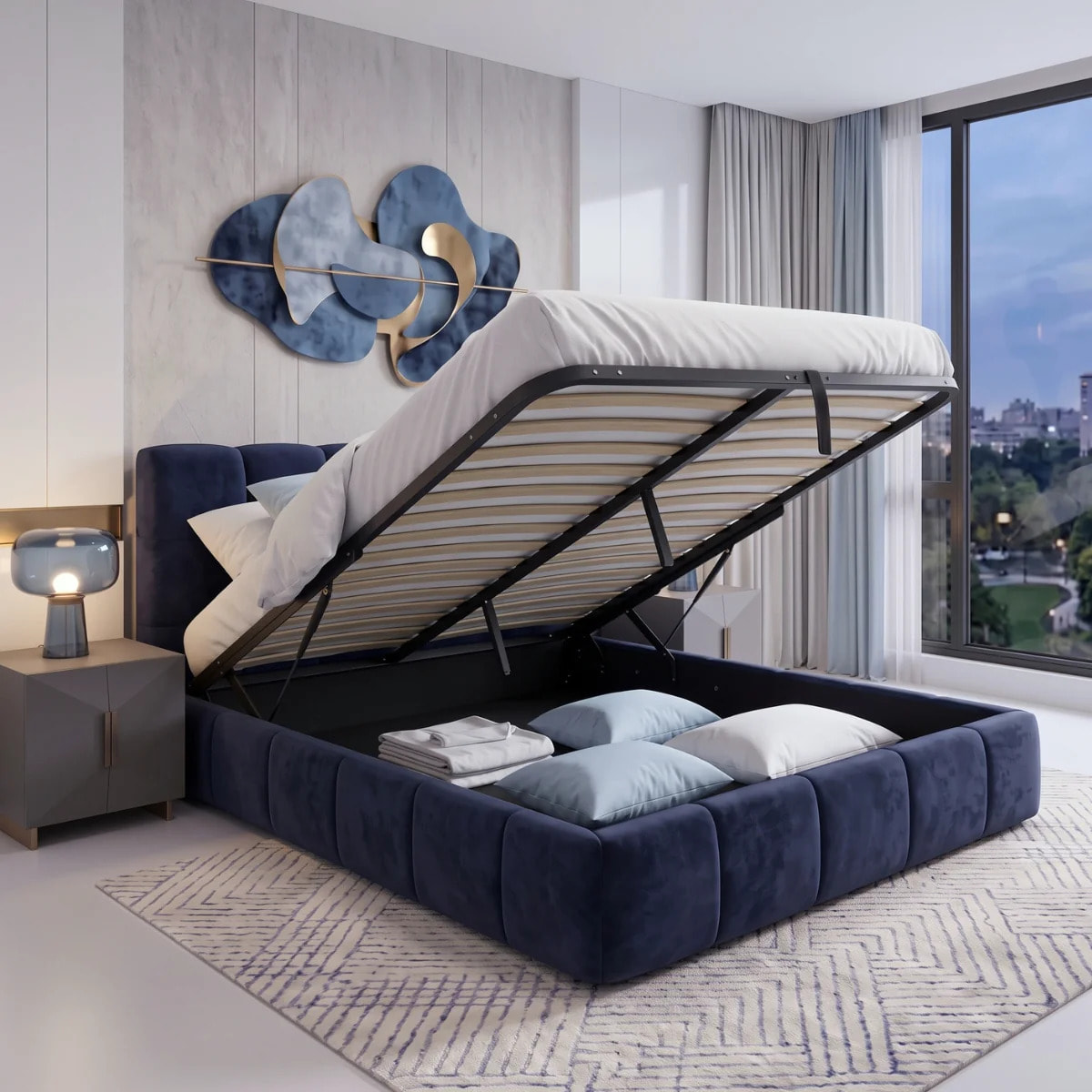 Lit coffre Aneto avec tête de lit en tissu chenille bleu nuit