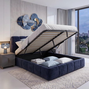 Lit coffre Aneto avec tête de lit en tissu chenille bleu nuit
