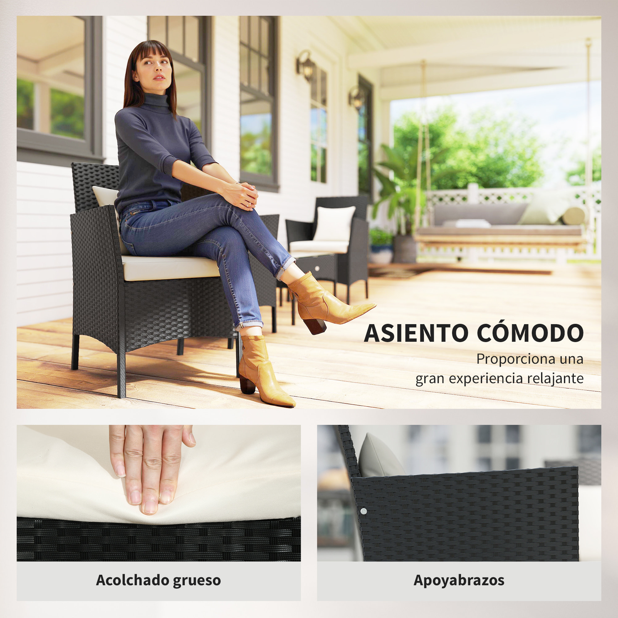Conjunto de Jardín de Ratán Sintético Juego de 4 Piezas Muebles de Jardín con 2 Sillones 1 Sofá de 2 Plazas 1 Mesa de Centro con Tablero de Vidrio y Cojines Negro y Crema