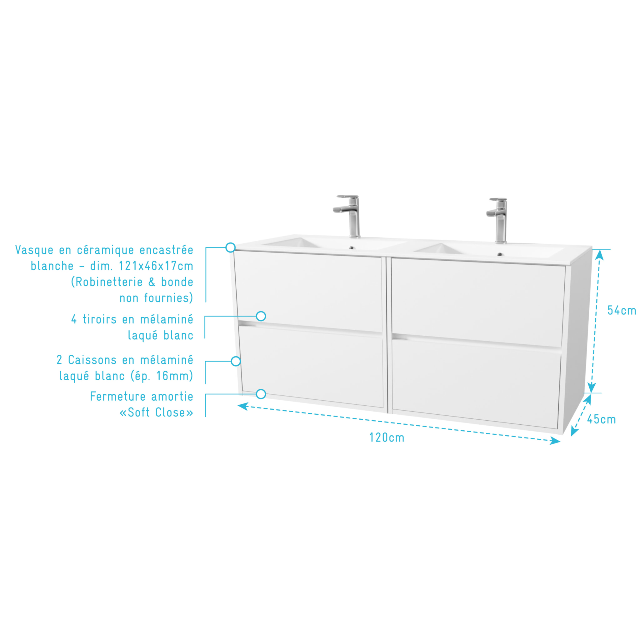 Pack Meuble Salle de Bains 120 cm Laque Blanc, 4 tiroirs avec Vasque Céramique - XENOS