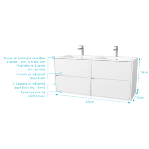 Pack Meuble Salle de Bains 120 cm Laque Blanc, 4 tiroirs avec Vasque Céramique - XENOS