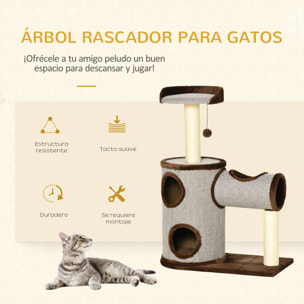 árbol Rascador para Gatos Mediano Altura 104 cm Torre Escalador de Gato con Barril Rascador Cama Superior Túnel Postes de Sisal y Bola Colgante 75x39x104 cm Marrón