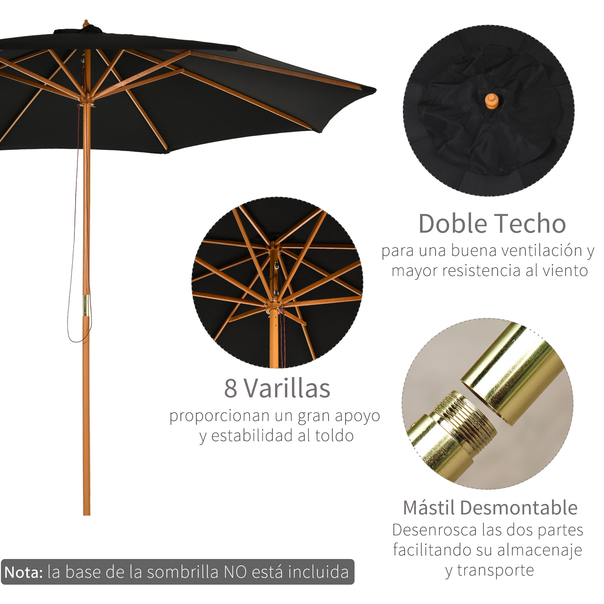 Parasol Ajustable Fácil De Transportar Ø3x2,5m Negro