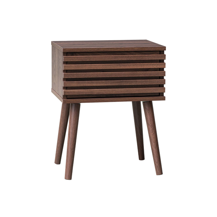 Table de chevet style scandinave décor bois couleur noyer avec tiroir rainuré et pieds compas