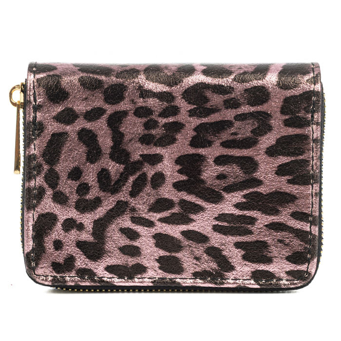 Avelengo cartera mujer, de piel auténtica Gamuza con estampado animal print leopardo lacada brillante.