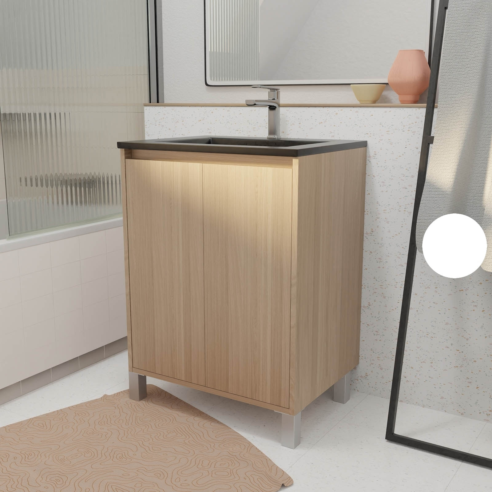 Meuble de salle de bains 60 cm 2 Portes Chêne Clair + Vasque Céramique Noire - XENOS
