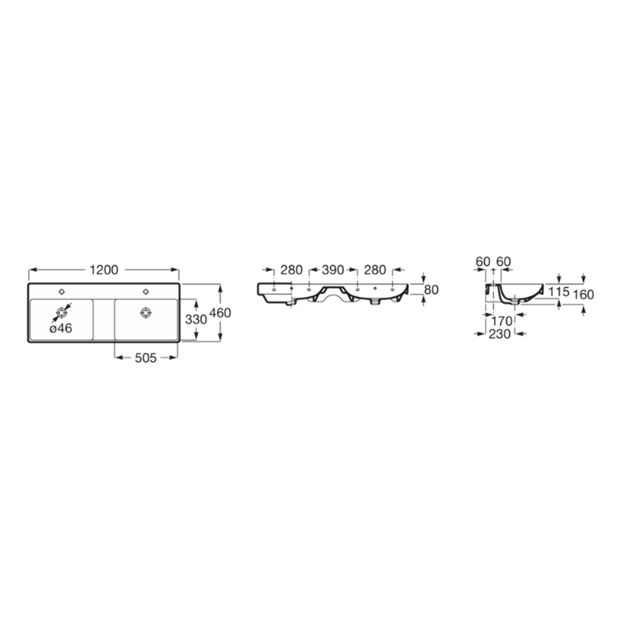 Ona 120x46x16 cm lavabo suspendu double vasque en céramique, 2 trous de robinetterie au milieu, trop-plein, blanc (A32768B000)