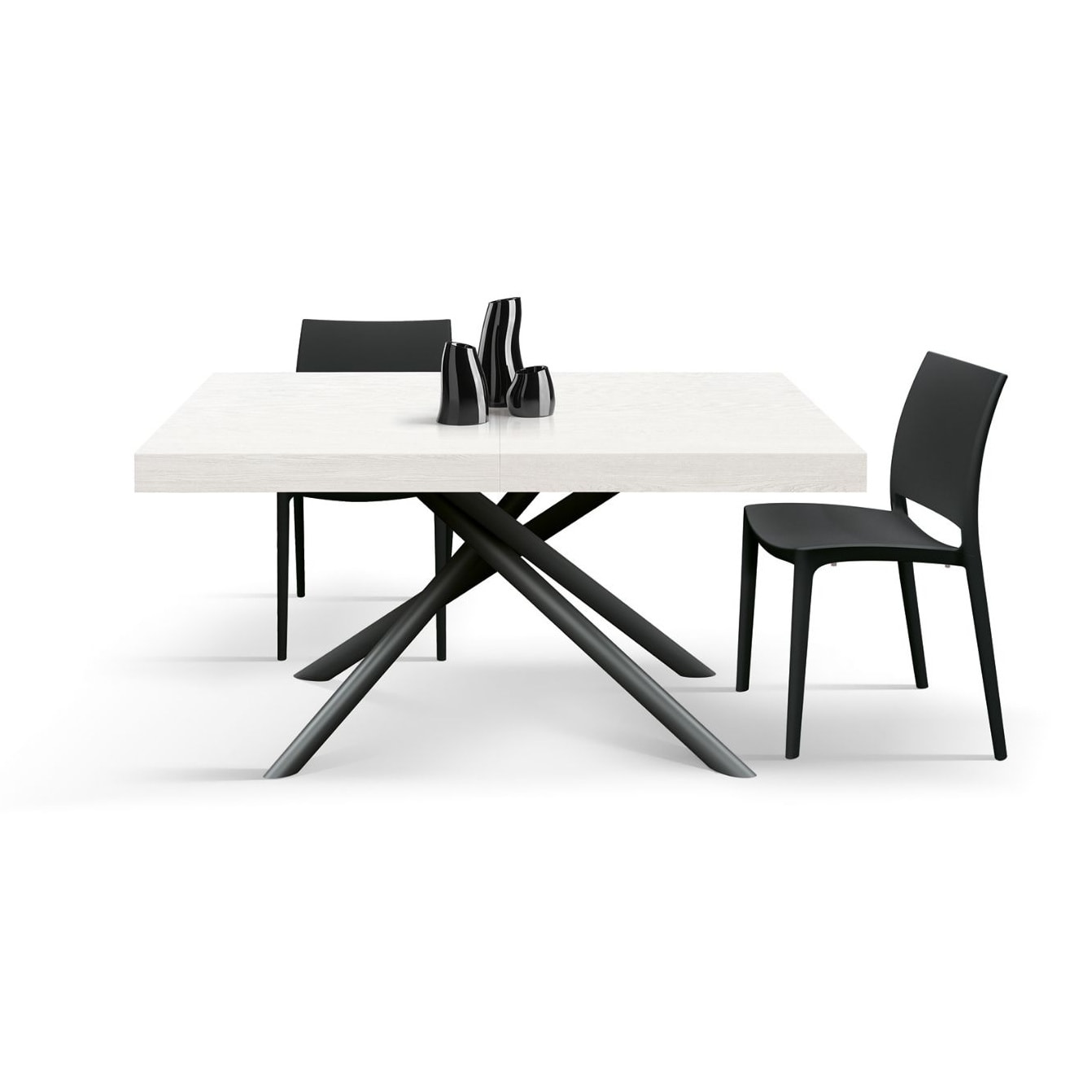 Tavolo CARRARA in legno, finitura bianco frassinato e base in metallo verniciato antracite, allungabile 180×90 cm – 260×90 cm