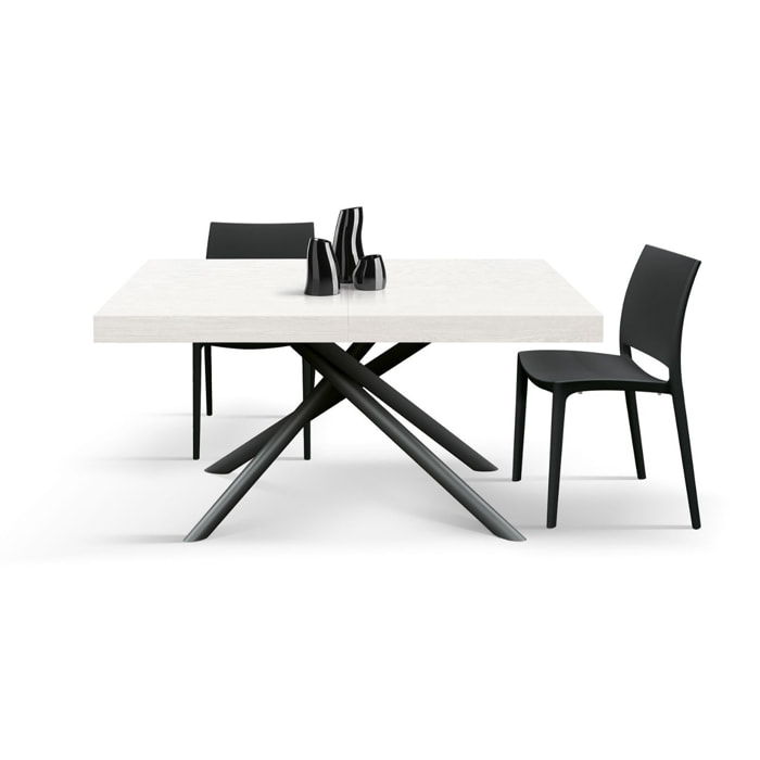 Tavolo CARRARA in legno, finitura bianco frassinato e base in metallo verniciato antracite, allungabile 180×90 cm – 260×90 cm