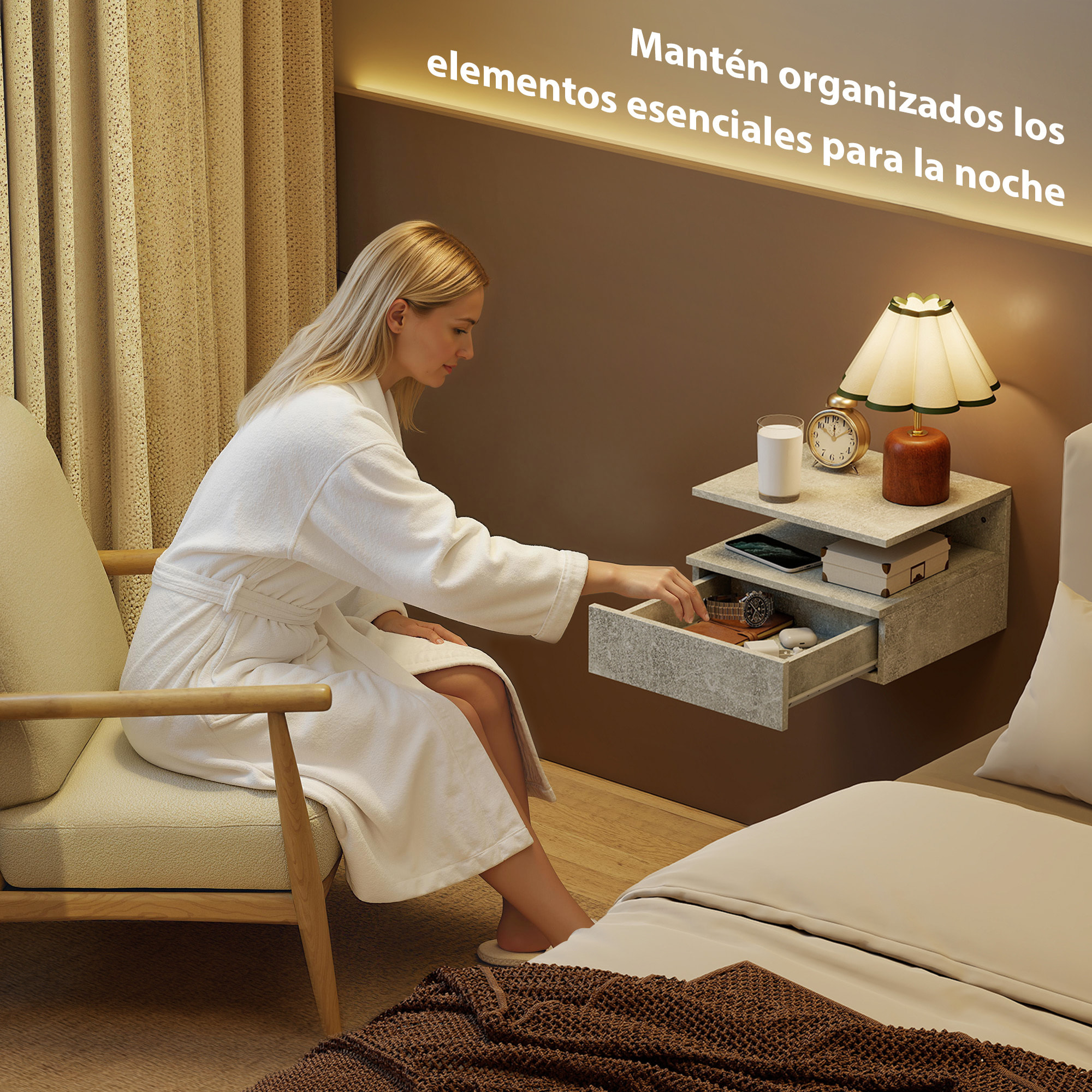 Juego de 2 Mesitas de Noche Flotantes, Mesillas de Noche Dormitorio con Cajón, Estante Abierto, Ahorra Espacio, Diseño Moderno, para Sala de Estar, 35x32x22,5 cm, Gris