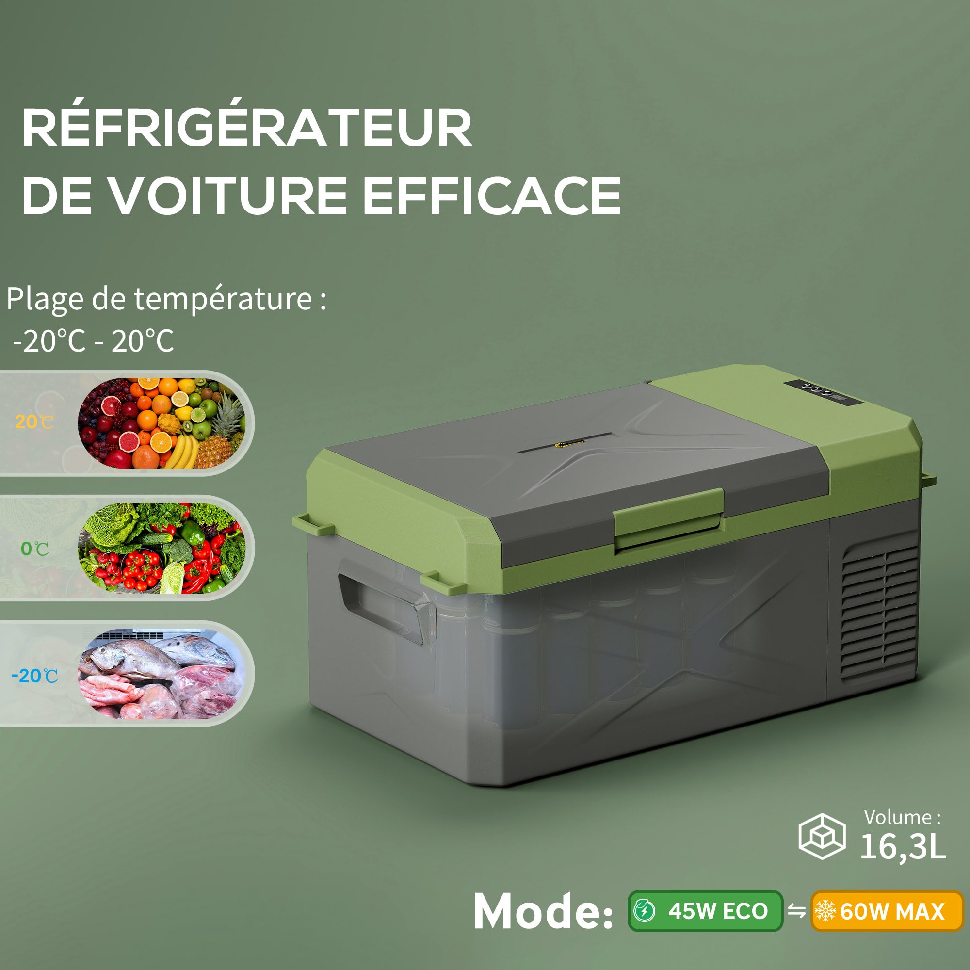 Glacière électrique voiture à compression 16,3L - réfrigérateur voiture congélateur 12/24V 60W max 2 modes gris vert