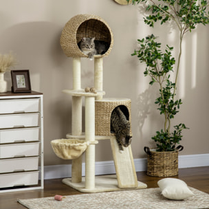 Arbre à chat style cosy chic griffoirs grattoir sisal 2 grandes niches plateforme hamac peluche courte beige jacinthe d'eau