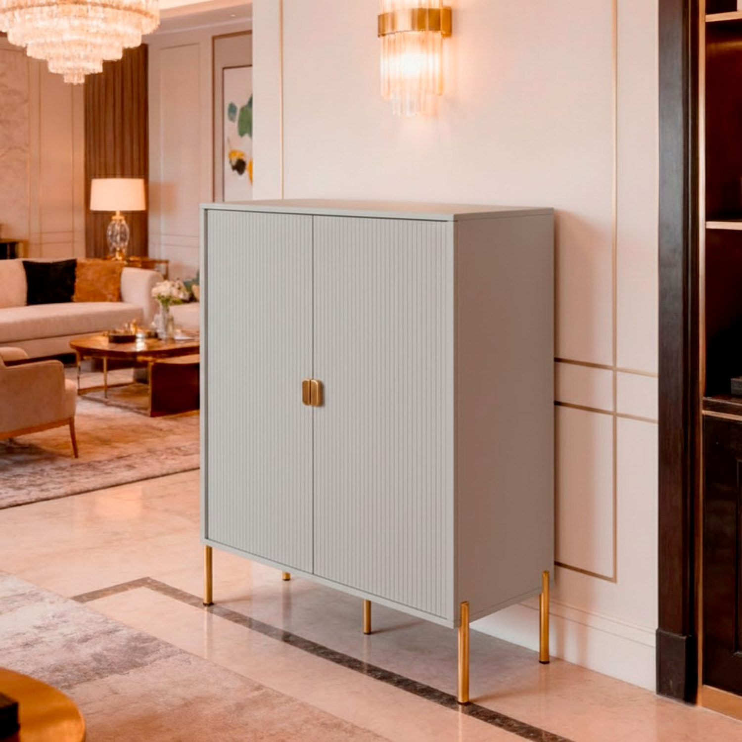 Credenza Mobile Contenitore 2 Ante Cannettate E Piedini Oro Madia Moderna con Ripiani Interni E Chiusura Soft Close 103.6 x 124 x 39.6 Cm Grigio