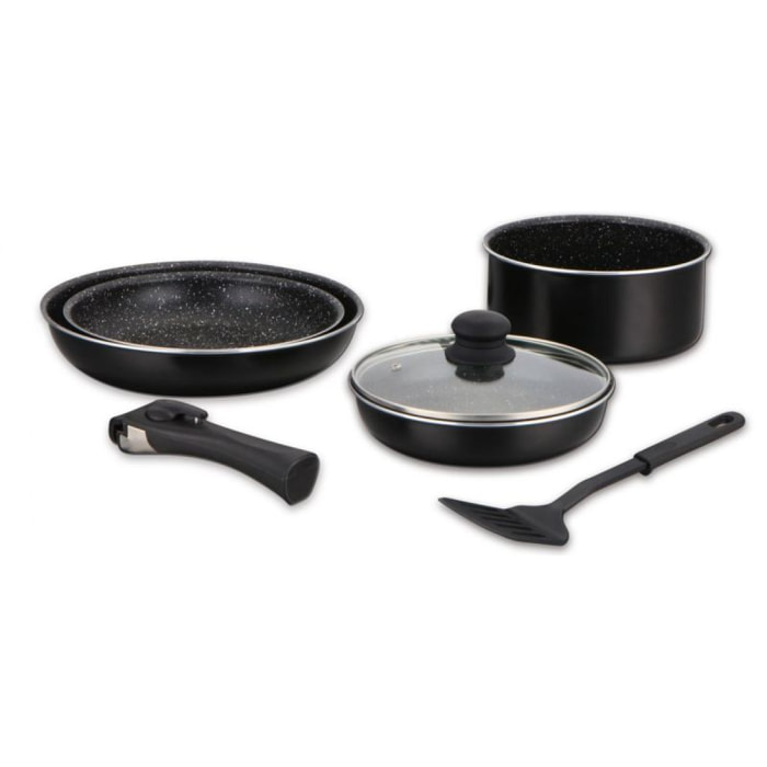 Batterie de cuisine revêtement pierre avec manche amovible 7 pièces noir Herzberg HG8090-7-BK