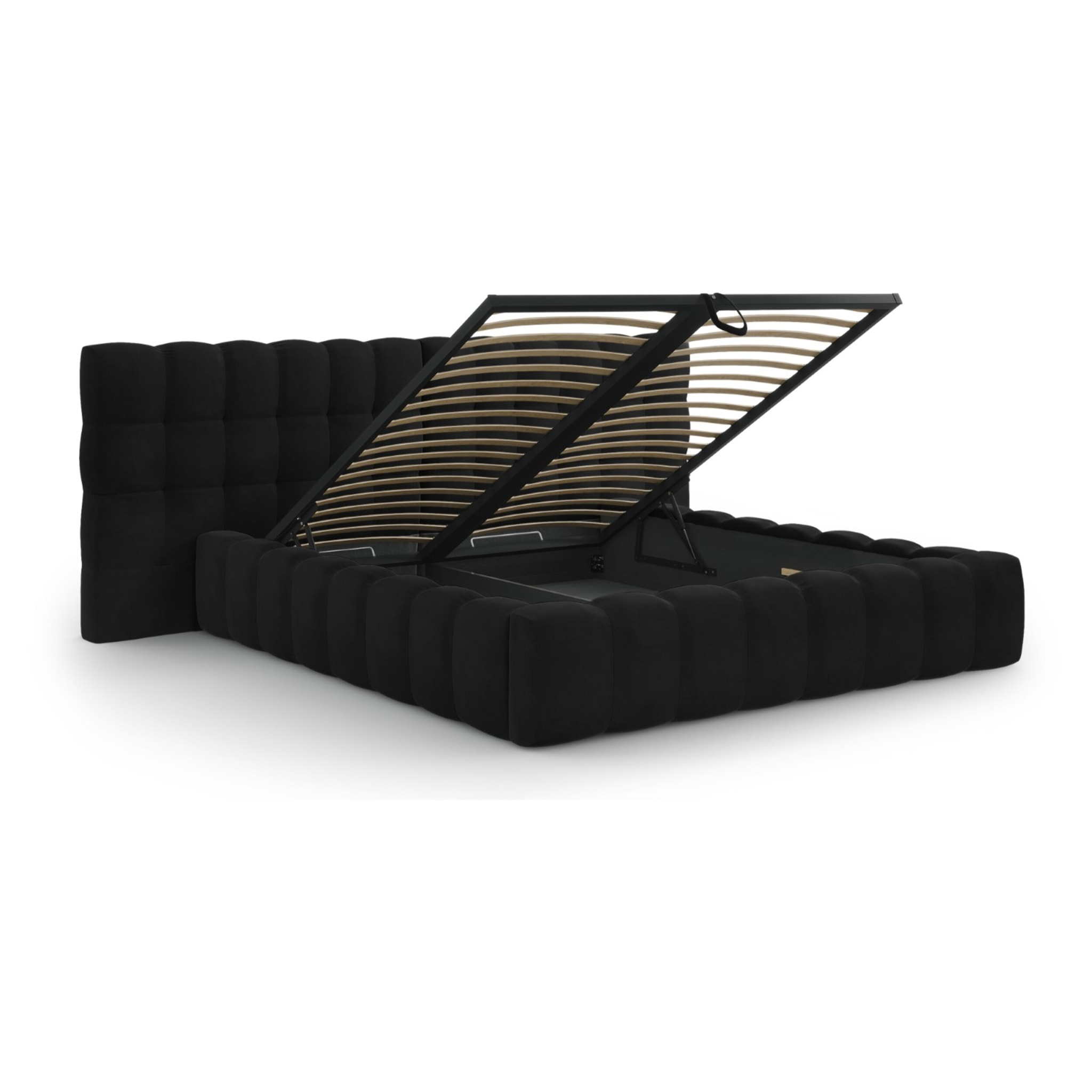 Lit coffre avec tête de lit double "Bali" 180x200cm en velours noir