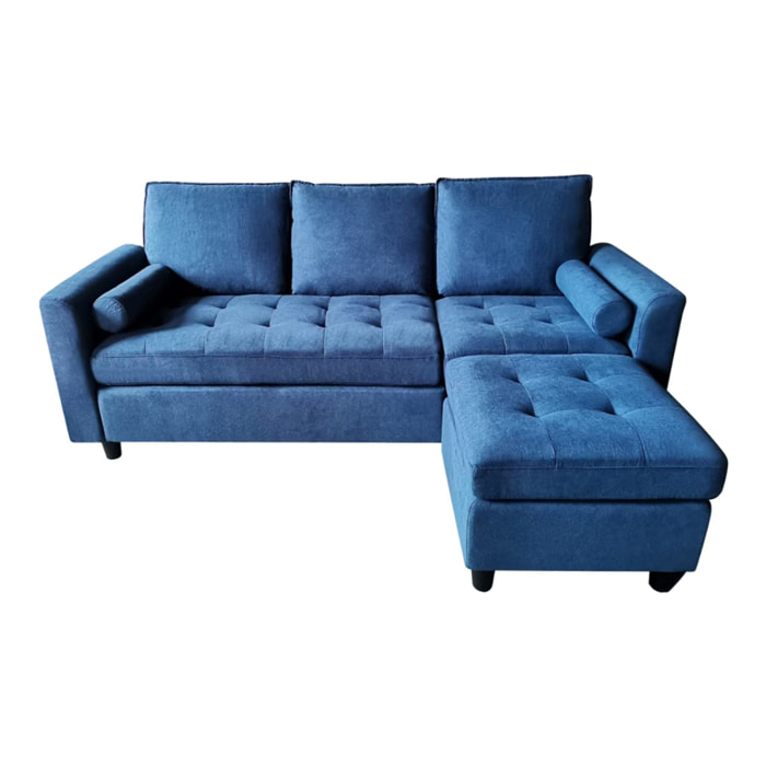 CHARLES - Canapé 3 places en velours avec pouf bleu