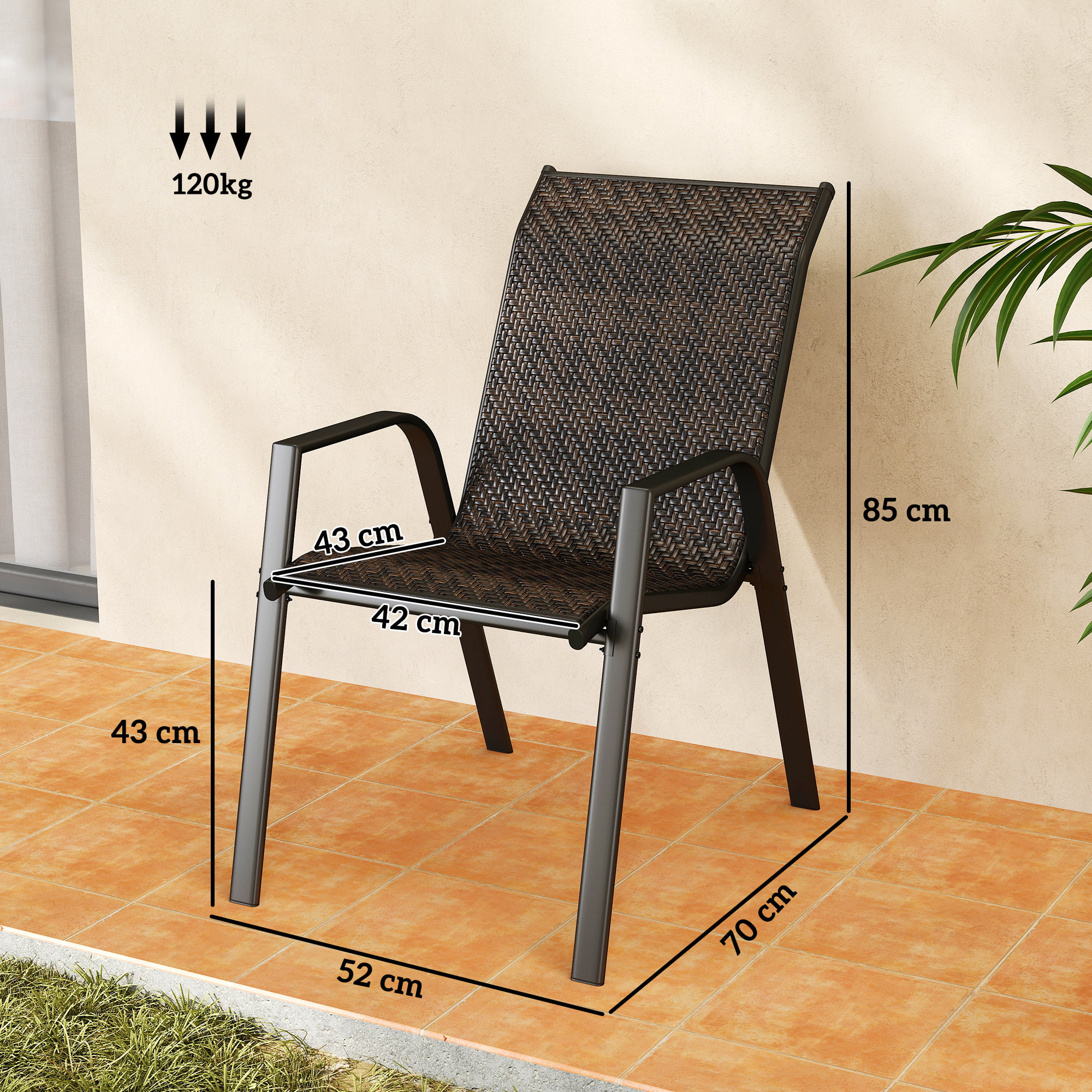 Lot de 4 chaises de jardin empilables - accoudoirs - design - acier époxy noir résine tressée marron