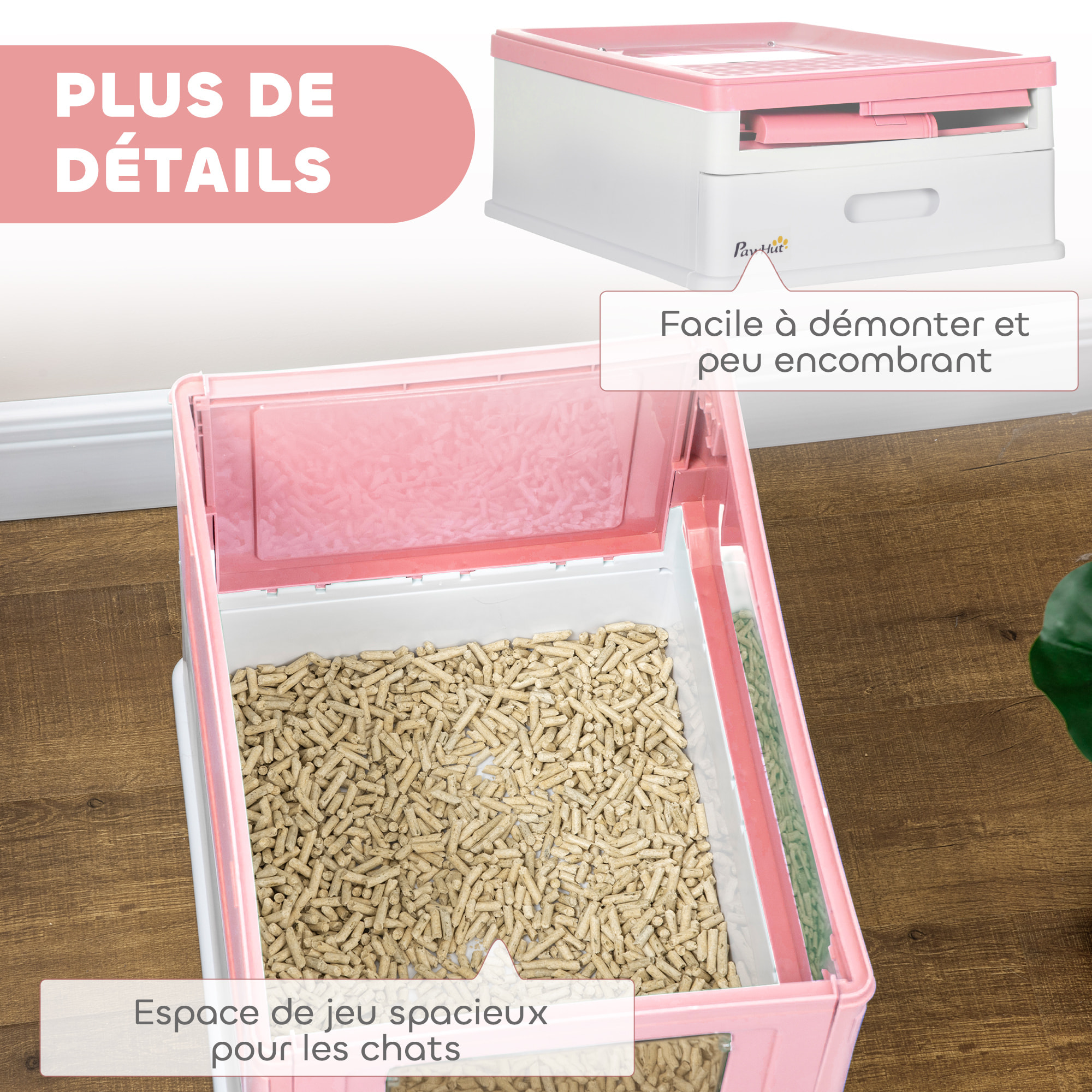 Maison de toilette pliable pour chat - tiroir à litière coulissant, porte battante et trappe transparente, pelle - blanc rose