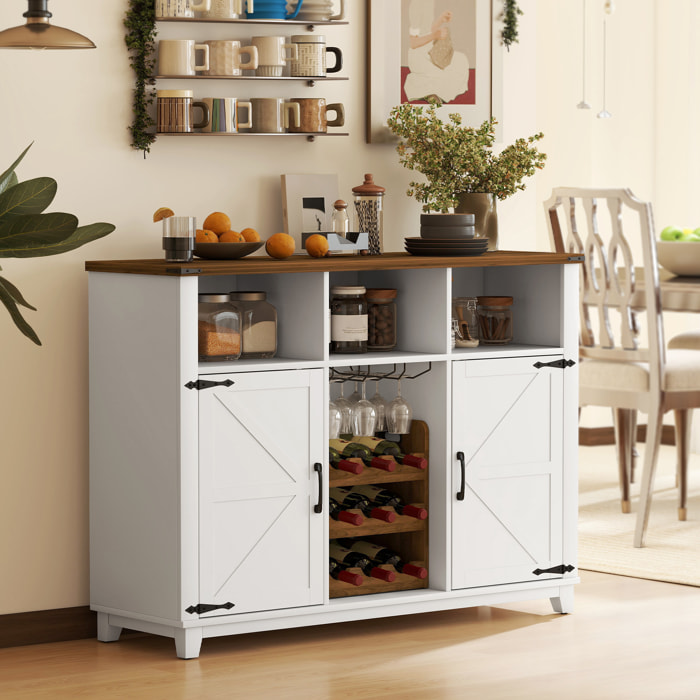 Aparador de Cocina con Botellero, Aparador con 2 Puertas de Granero, Estantes Ajustables y Soporte para Copas, para 9 Botellas, Buffet Auxiliar de Cocina para Comedor, Salón 120x37x88 cm Blanco