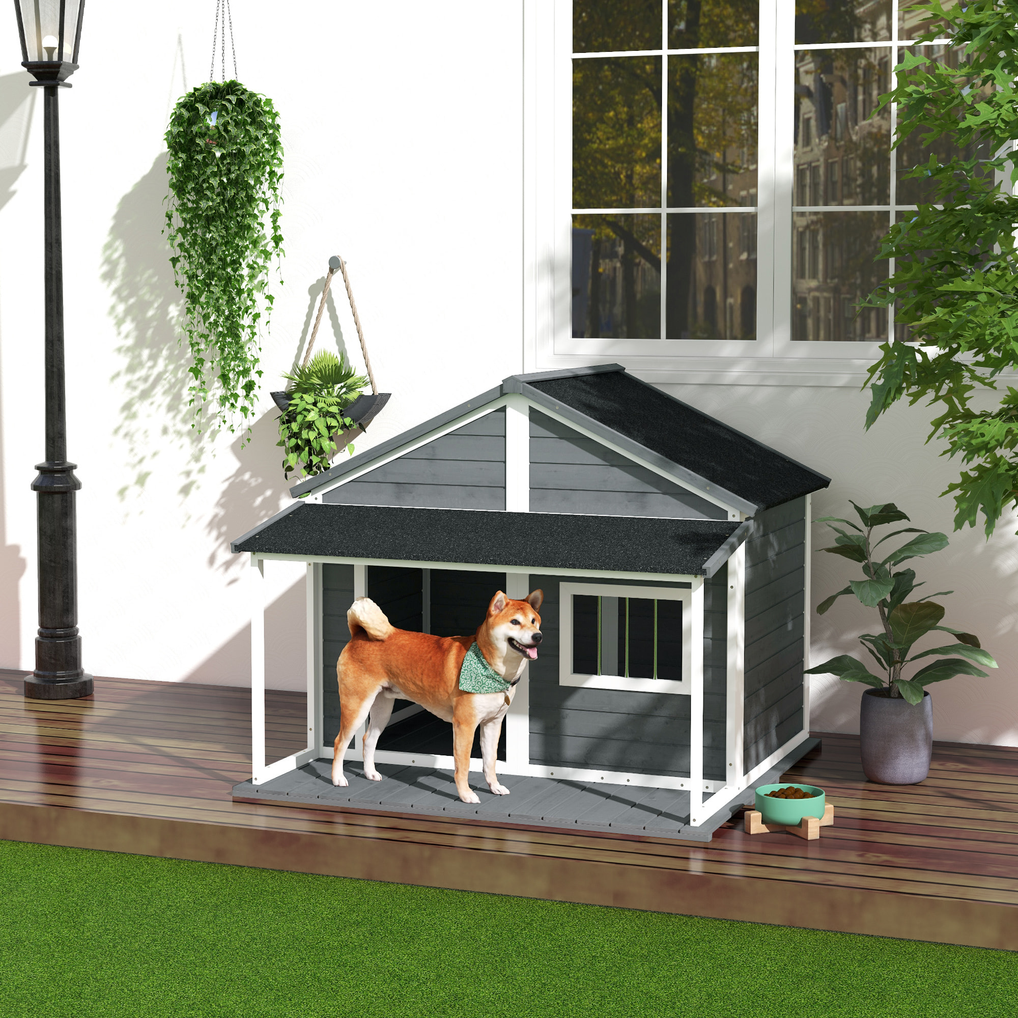 Niche pour chien extérieur terrasse et toit bitumé bois gris