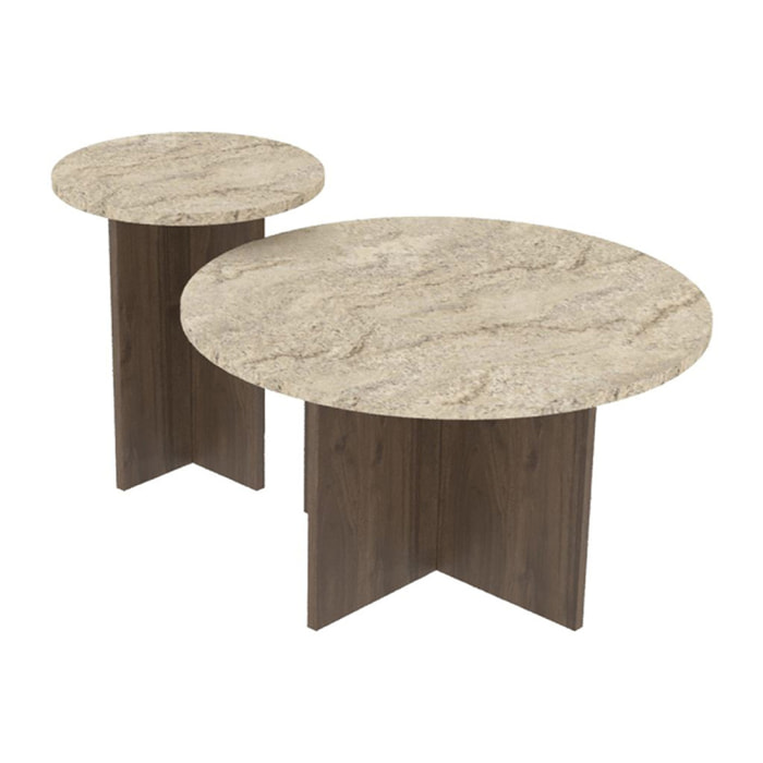 Ensemble de 2 tables basses rondes effet travertin et noyer BLISS