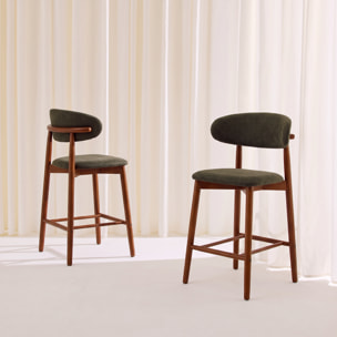 Tabouret de bar bois d'hévéa noyer et tissu chenille (lot de 2)  PAOLA