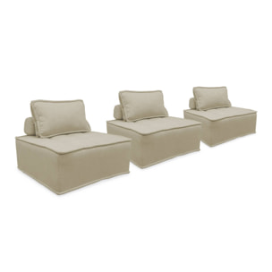 Lot de 3 chauffeuses pour canapé modulables tissu capitonné beige avec 1 coussin