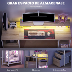 Mesa de Escritorio Mesa de Ordenador con Luces LED Estantes Cajones Tomas de Corriente Puertos USB y Soporte para Monitor para Oficina Estudio 155,5x48x75,5 cm Natural