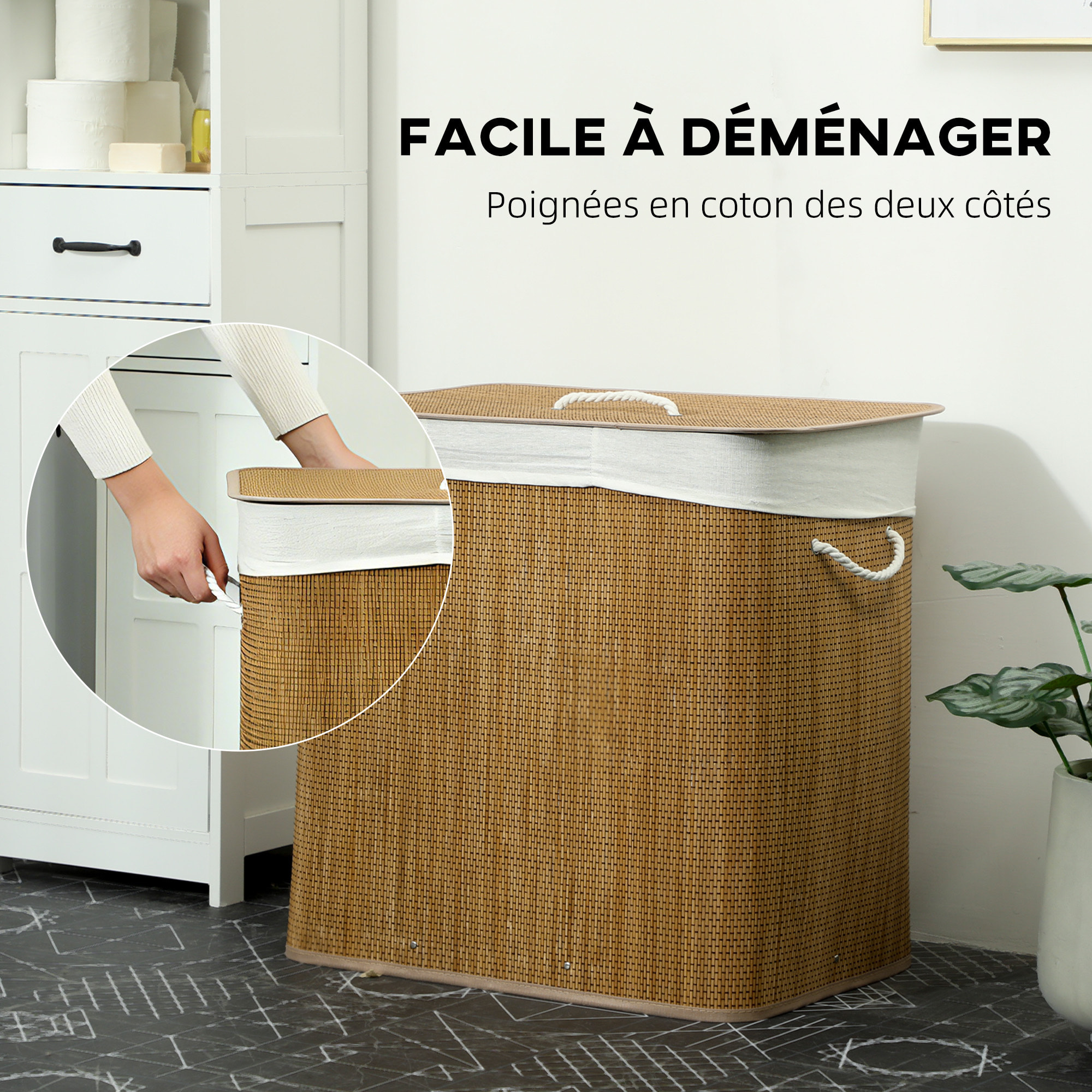 Panier à linge double 144L - corbeille à linge avec couvercle et poignées - tissage bambou naturel