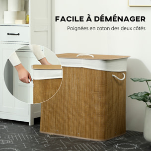 Panier à linge double 144L - corbeille à linge avec couvercle et poignées - tissage bambou naturel